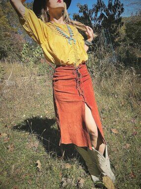 Vintage 1960s Lace-Up Suede Midi Skirt